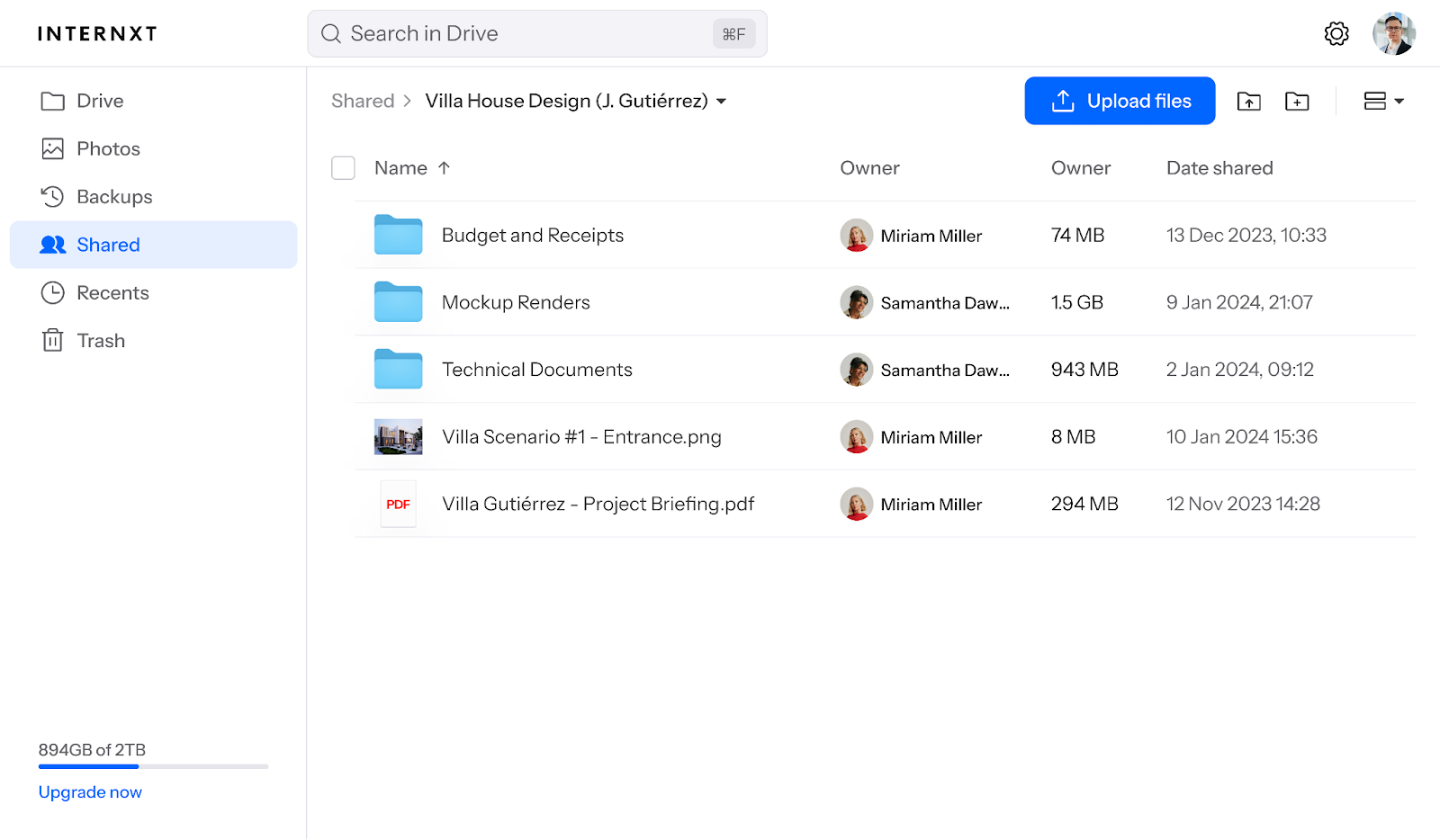 Internxt Drive interface showing advanced file sharing.