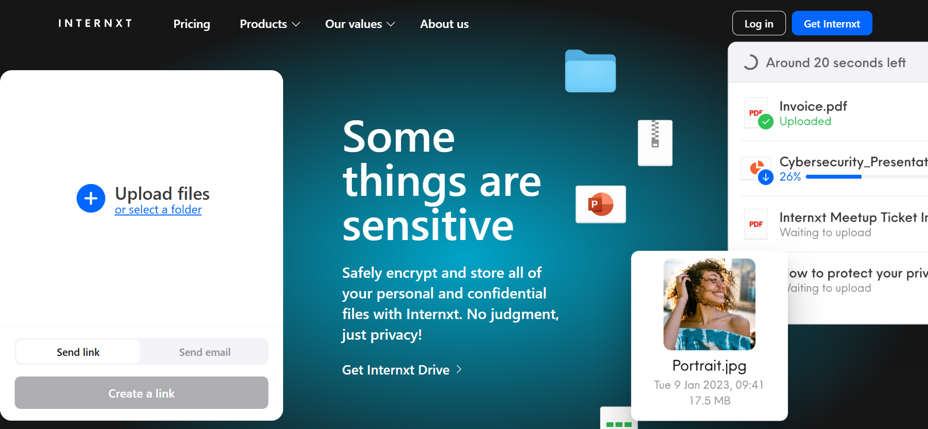 Internxt Send is a tool to send files securely.
